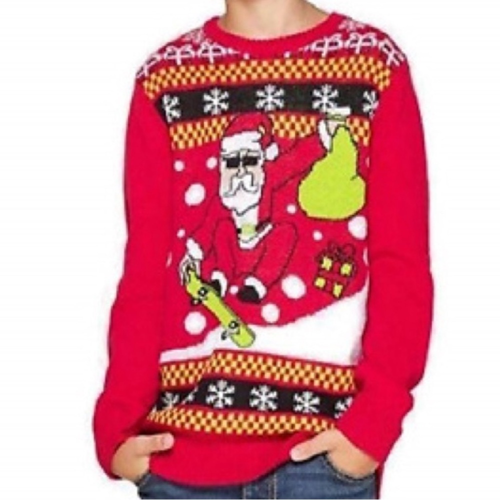 Forever‎ Collectibles Red Skater Skateboard Santa Ugly Christmas Sweater Sz XL